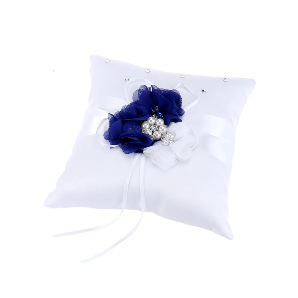 

20*20cm Embellished Wedding Ring Pillow Cushion Pearl Flower Decorated Ring Bearer Pillow Pillow Cushion (Blue & White Flower)