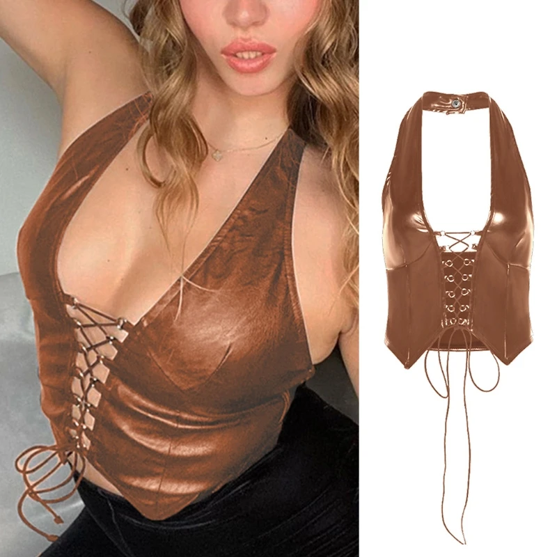 2021 Women Sexy Faux Leather Halter Backless Crop Top Crisscross Lace-Up Deep V-Neck Camisole Vest Solid Color Bodycon Rave Part
2021 Women Sexy Faux Leather Halter Backless Crop Top Crisscross Lace-Up Deep V-Neck Camisole Vest Solid Color Bodycon Rave Part