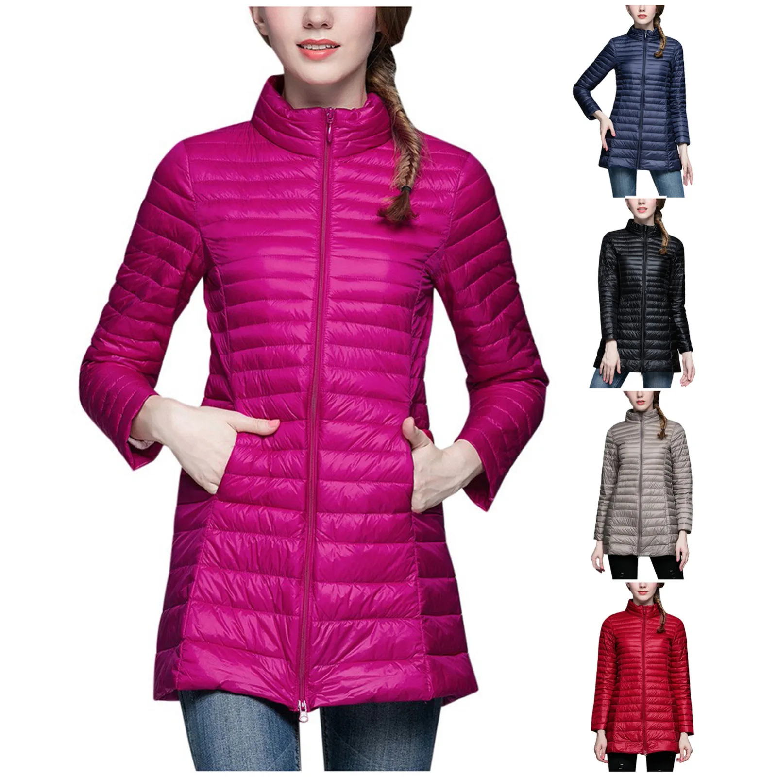 Женский зимний пуховик на молнии с карманами, длинным рукавом 
Женский зимний пуховик на молнии с карманами, длинным рукавом