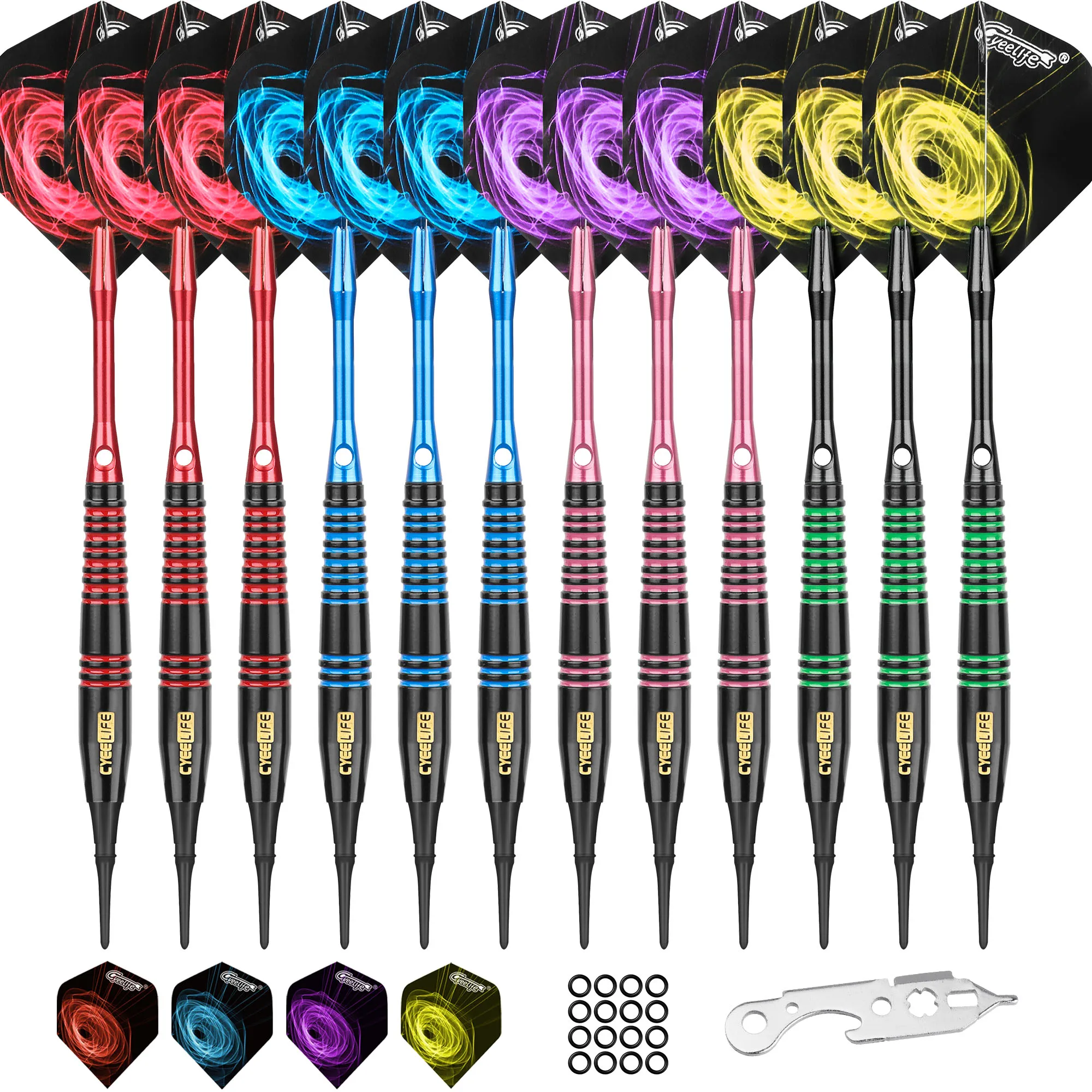 CyeeLife 12 Packs Brass Soft Tip Darts 18 Gram,4 Colors Aluminium Shafts+Tool+Rubber Rings Professional Electronic Dart set
CyeeLife 12 Packs Brass Soft Tip Darts 18 Gram,4 Colors Aluminium Shafts+Tool+Rubber Rings Professional Electronic Dart set