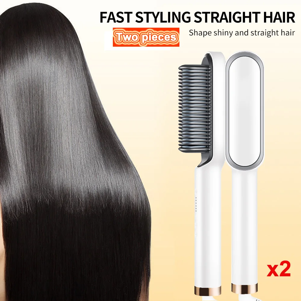 

2 in 1 Hair Straightener Brush Ceramic Ionic Heat Brush Anti-Scald Hot Comb For Straightening And Curling Professional Tool