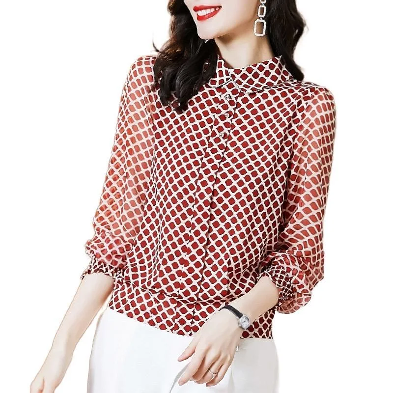 Блузка женская шифоновая, с длинным рукавом, отложным воротником, в клетку, DF4081, весна-осень повседневные женские топы 
Блузка женская шифоновая, с длинным рукавом, отложным воротником, в клетку, DF4081, весна-осень повседневные женские топы