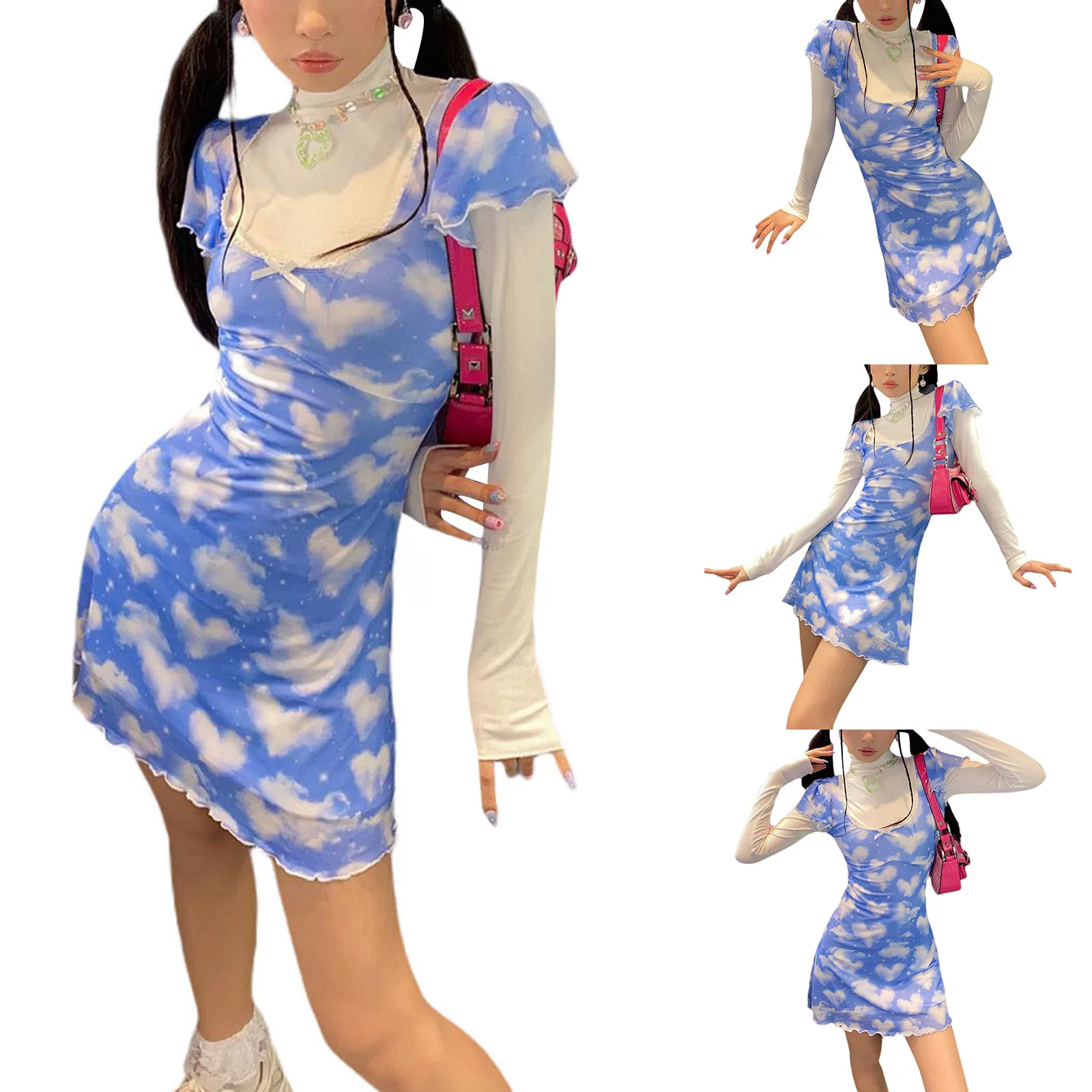 Women Kawaii Square Collar Lettuce Trim Mini Dress Adults White Cloud Heart Print Short Sleeve with Bowknot Streetwear Dress
Women Kawaii Square Collar Lettuce Trim Mini Dress Adults White Cloud Heart Print Short Sleeve with Bowknot Streetwear Dress