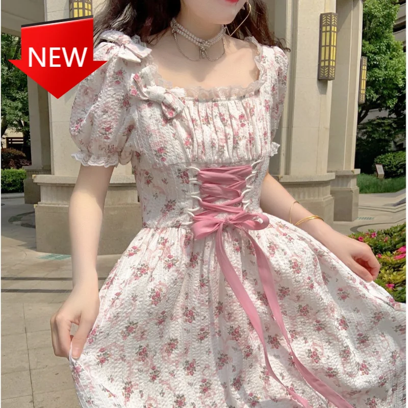 Sweet Midi Dress Bandage Chic Designer Puff Sleeve Casual Dress Summer Elegant Floral Dress Women Lace Up Korean Princess Fairy
Sweet Midi Dress Bandage Chic Designer Puff Sleeve Casual Dress Summer Elegant Floral Dress Women Lace Up Korean Princess Fairy