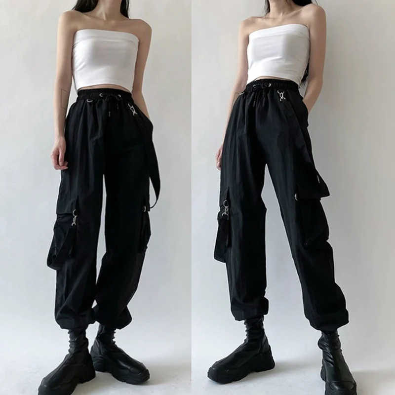 

Брюки-карго женские в стиле Харадзюку, модные штаны со съемными лямками, уличная одежда с эластичным поясом, повседневные штаны Zise, черные