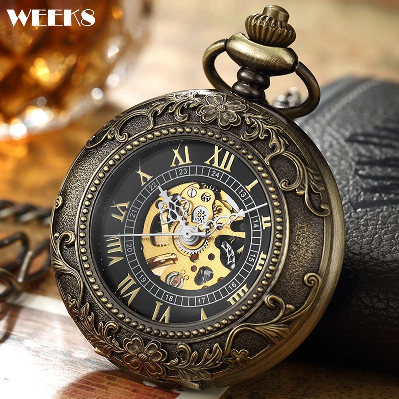 Roman Numeral Mechanical Pocket Watch Luxury Vintage Steampunk Bronze Case Skeleton Fob Chain Clock for Men Women Collection
Roman Numeral Mechanical Pocket Watch Luxury Vintage Steampunk Bronze Case Skeleton Fob Chain Clock for Men Women Collection
