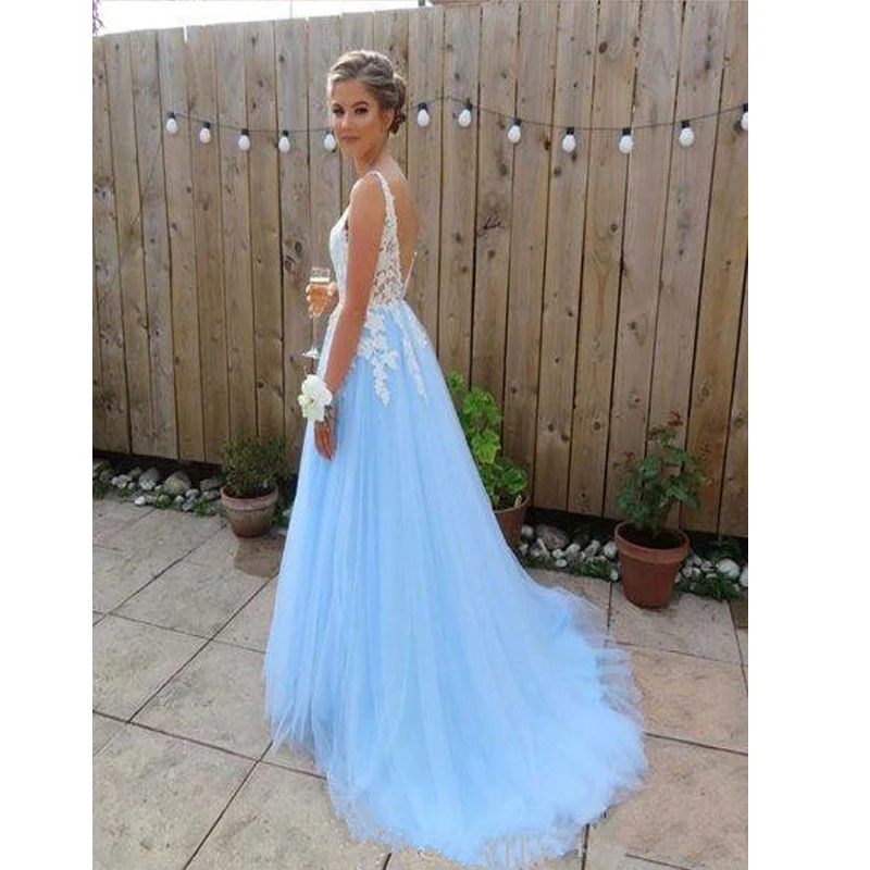 Elegant White Lace Light Sky Blue Tulle Deep V neck Prom Dresses Backless Full Length Cheap Long Homecoming Evening Party Dress
Elegant White Lace Light Sky Blue Tulle Deep V neck Prom Dresses Backless Full Length Cheap Long Homecoming Evening Party Dress