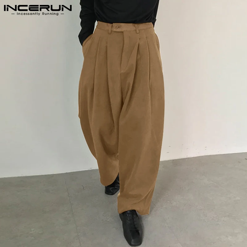 

Брюки INCERUN мужские однотонные повседневные, джоггеры на пуговицах, уличная одежда, свободные прямые брюки в Корейском стиле, мода 2021
