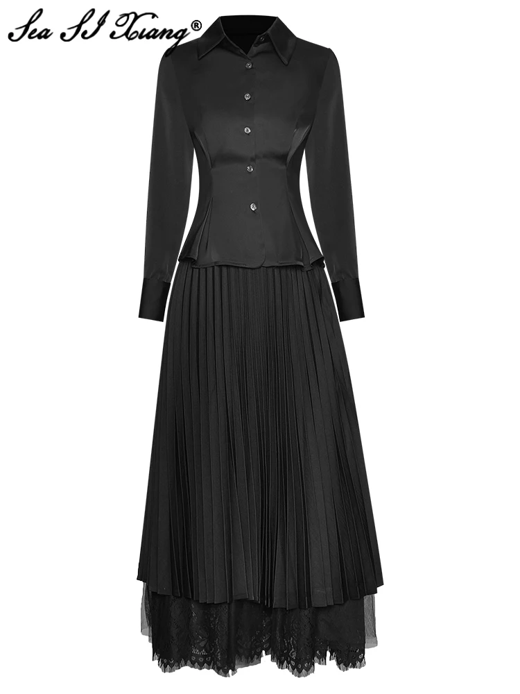 Seasixiang Fashion Designer Spring Suit Women Long Sleeve Single Breasted Shirt + Maxi Skirt Black Office Lady Two Pieces Set
Seasixiang Fashion Designer Spring Suit Women Long Sleeve Single Breasted Shirt + Maxi Skirt Black Office Lady Two Pieces Set
