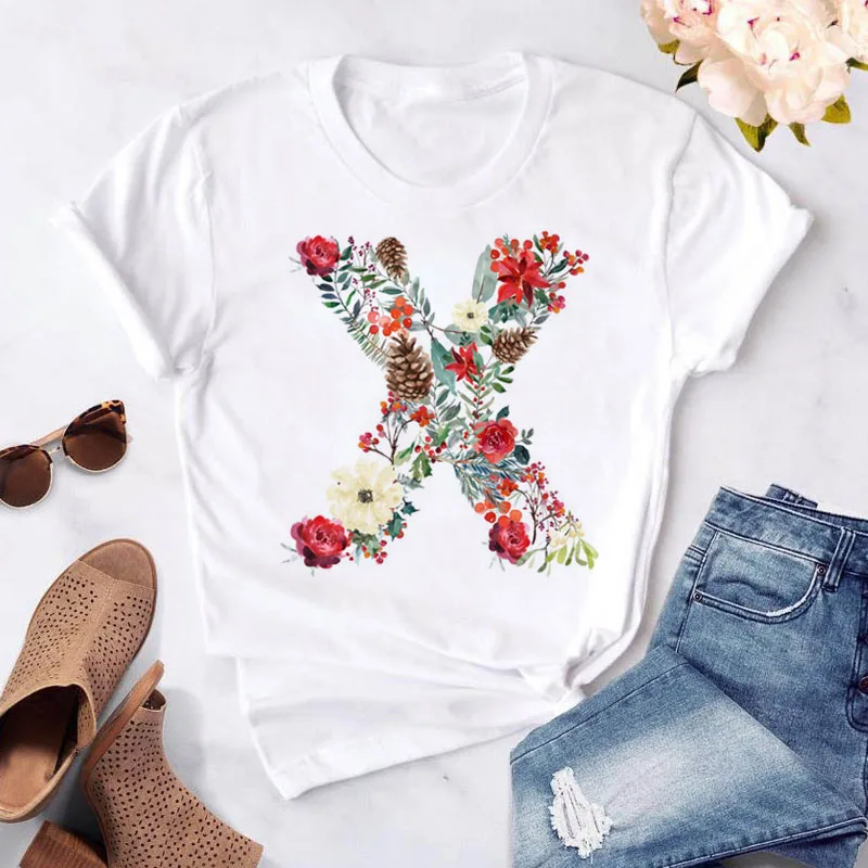 Women T Shirt Flower Letter Font A B C D E F G Short Sleeve Tops Tee Female T-shirt Tee Clothes Custom Name Letter Combination
Women T Shirt Flower Letter Font A B C D E F G Short Sleeve Tops Tee Female T-shirt Tee Clothes Custom Name Letter Combination
