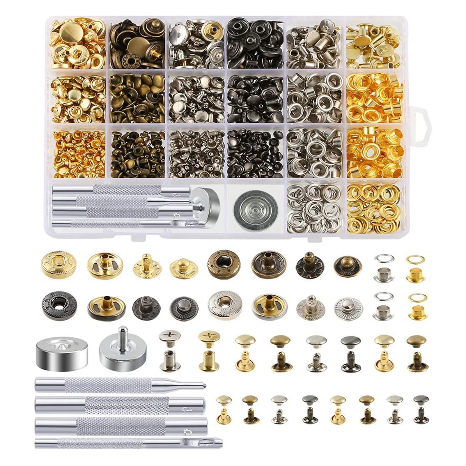 240 Pcs/Set Double Cap Rivets Press Studs Buttons Rings Snap Fasteners Metal Grommet Leather Rivets Tool Kit Pliers
240 Pcs/Set Double Cap Rivets Press Studs Buttons Rings Snap Fasteners Metal Grommet Leather Rivets Tool Kit Pliers