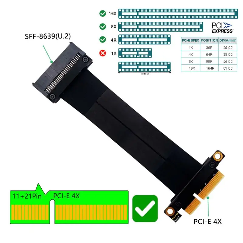 U.2 NVMe SSD to PCI-E 3.0 x4 Extension Cable SFF-8639 NVMe PCIe 4x Gen3 Riser Card Line High Speed Transmission
U.2 NVMe SSD to PCI-E 3.0 x4 Extension Cable SFF-8639 NVMe PCIe 4x Gen3 Riser Card Line High Speed Transmission