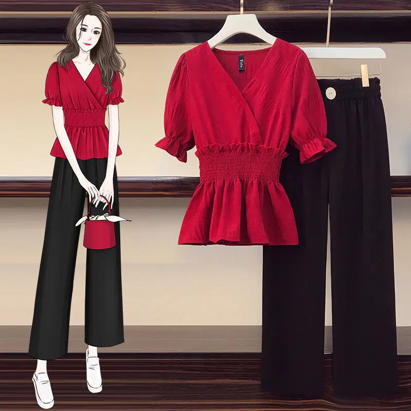 2021 Summer Plus Size Fashion 2 Piece Set Women Short Sleeve V Neck Red Pullover Tops + Black Pants Suits Two-piece Suit X22
2021 Summer Plus Size Fashion 2 Piece Set Women Short Sleeve V Neck Red Pullover Tops + Black Pants Suits Two-piece Suit X22