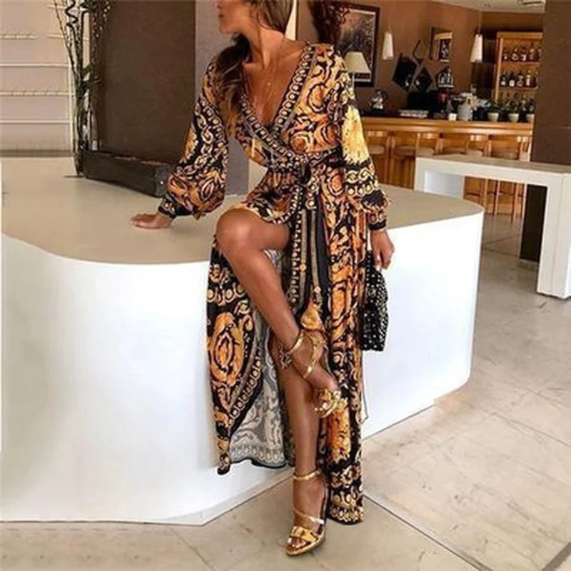 Women Deep V-Neck Sling Halter Retro Positioning Flower Big Swing Long-sleeved Dress Ladies Elegant Beach Vestidos
Women Deep V-Neck Sling Halter Retro Positioning Flower Big Swing Long-sleeved Dress Ladies Elegant Beach Vestidos