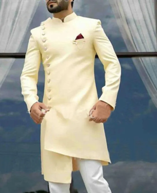 

New Irregular Design Men's Long Suit Jacket Indian Style Groom Men's Wedding Dress 2 Pieces Party Tuxedo Terno Masculino
