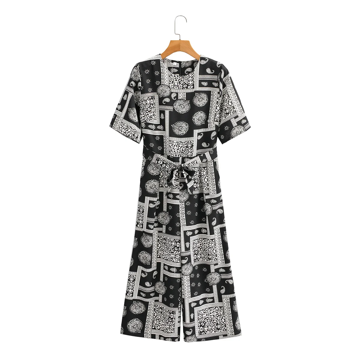 Women Fashion Round Neck Short Sleeve with Belt Rompers Vintage Black Print Loose Straight Chic Female Jumpsuit
Women Fashion Round Neck Short Sleeve with Belt Rompers Vintage Black Print Loose Straight Chic Female Jumpsuit