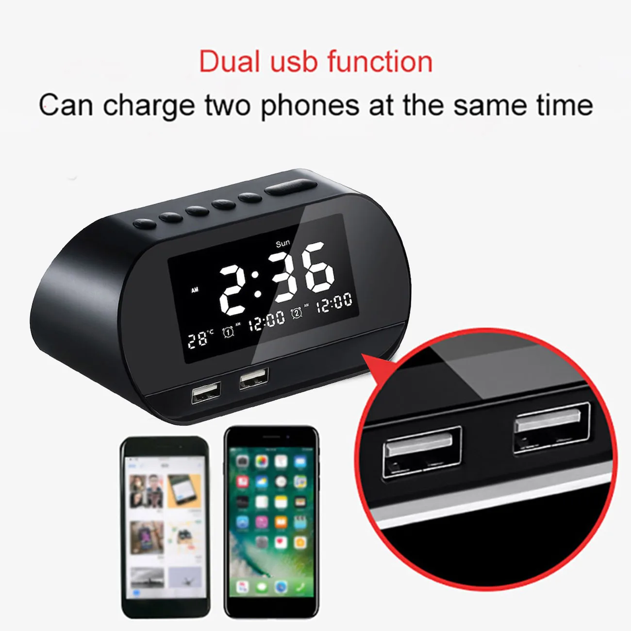 Dual USB Charging Digital Alarm Clock Smart Wireless Radio LCD Calendar Temperature Display for Bedroom Desktop Home Decoration
Dual USB Charging Digital Alarm Clock Smart Wireless Radio LCD Calendar Temperature Display for Bedroom Desktop Home Decoration