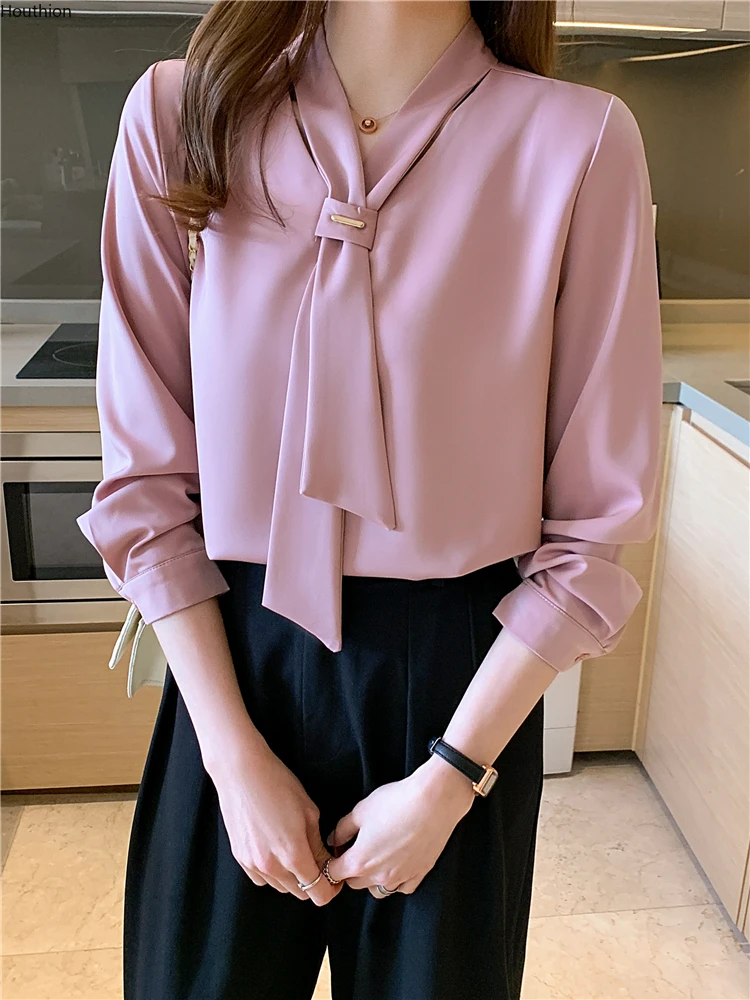 Silk Women's Blouses Fashion Long Sleeve Top Solid Color Bow Tie Shirt Spring/autumn New Casual Blouse Satin Slim Houthion
Silk Women's Blouses Fashion Long Sleeve Top Solid Color Bow Tie Shirt Spring/autumn New Casual Blouse Satin Slim Houthion