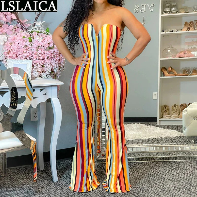 Jumpsuits Slash Neck Striped Print Off The Shoulder Sexy Female Jumpsuit Summer High Waist Casual Elegant Flare Pants Party 2021 
Jumpsuits Slash Neck Striped Print Off The Shoulder Sexy Female Jumpsuit Summer High Waist Casual Elegant Flare Pants Party 2021