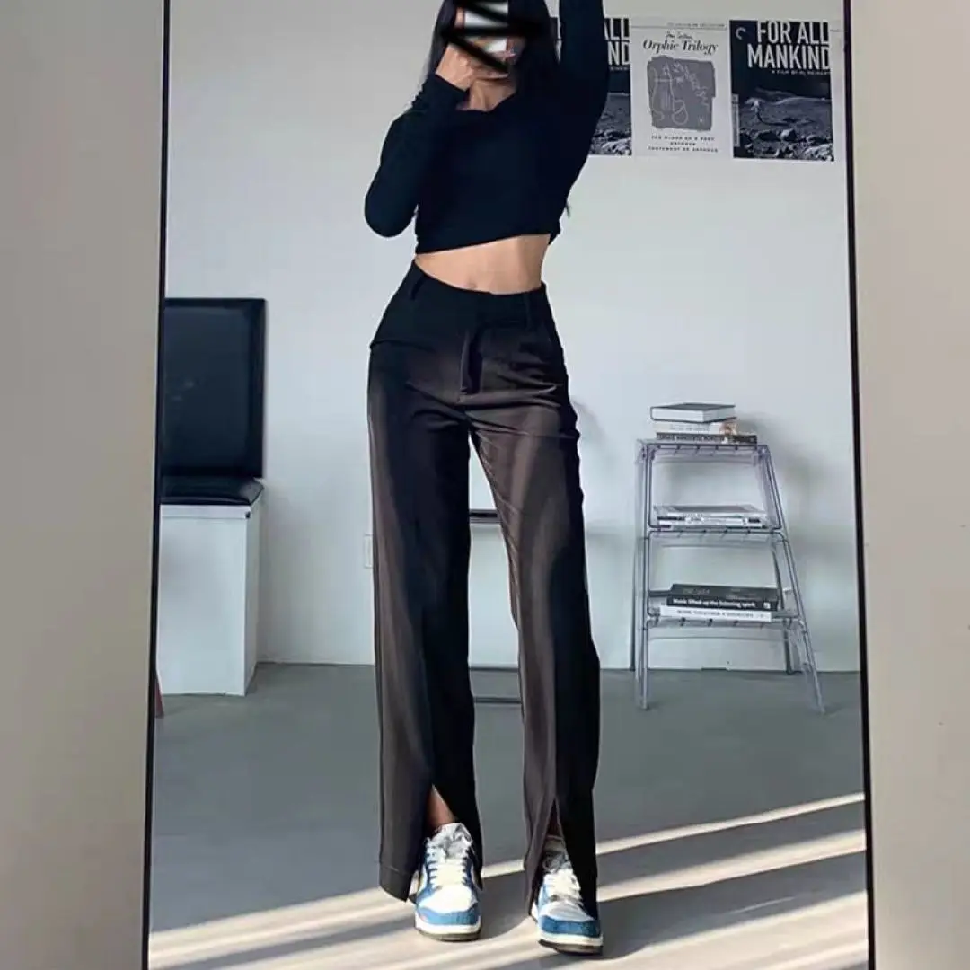Flared pants women's trousers front slit straight leg ladies Korean style clothes streetwear black flared pants 2021
Flared pants women's trousers front slit straight leg ladies Korean style clothes streetwear black flared pants 2021