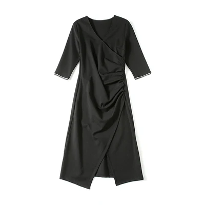 High quality French autumn spring Retro Hepburn style V-neck half sleeved streetwear brand female women Black Split dress
High quality French autumn spring Retro Hepburn style V-neck half sleeved streetwear brand female women Black Split dress