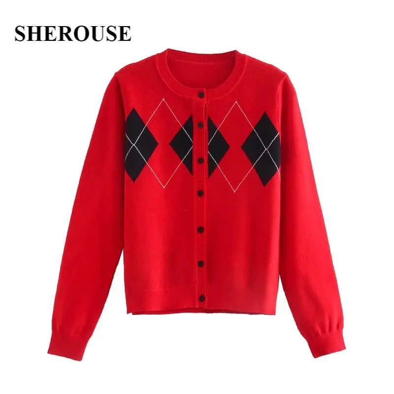 Sherouse Women Fashion Single Breasted Argyle Printed Knitted Cardigan Vintage O-Neck Long Sleeve Female Knit Sweater
Sherouse Women Fashion Single Breasted Argyle Printed Knitted Cardigan Vintage O-Neck Long Sleeve Female Knit Sweater