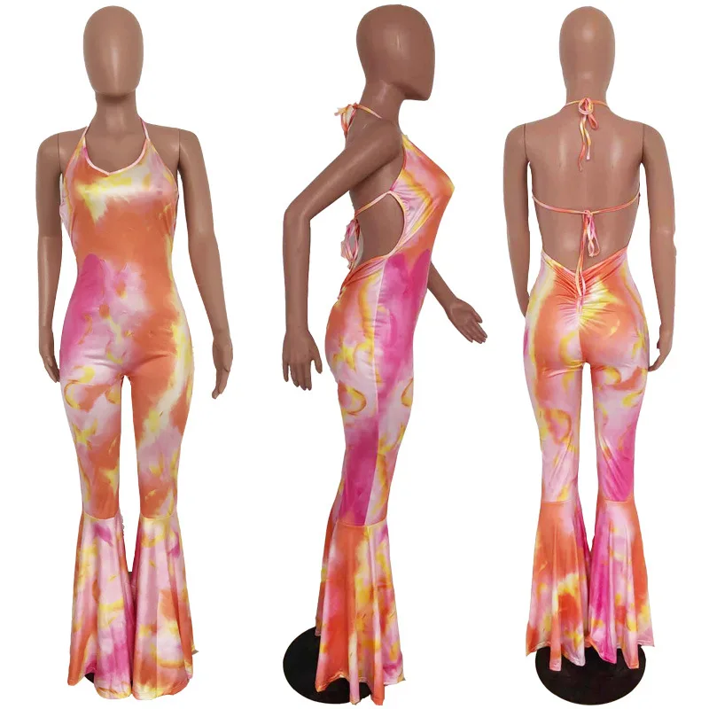 Tie Dye Print Spaghetti Strap Lace Up Backless Tops& Flare Pants New Autumn Woman Jumpsuit Hot Style Model Rompers
Tie Dye Print Spaghetti Strap Lace Up Backless Tops& Flare Pants New Autumn Woman Jumpsuit Hot Style Model Rompers