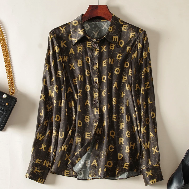 Fashion Women's Casual Shirt Tops Elegant Turn-down Collar Long Sleeve Letter Print Woman Shirts Blouses Female Real Silk Blouse
Fashion Women's Casual Shirt Tops Elegant Turn-down Collar Long Sleeve Letter Print Woman Shirts Blouses Female Real Silk Blouse