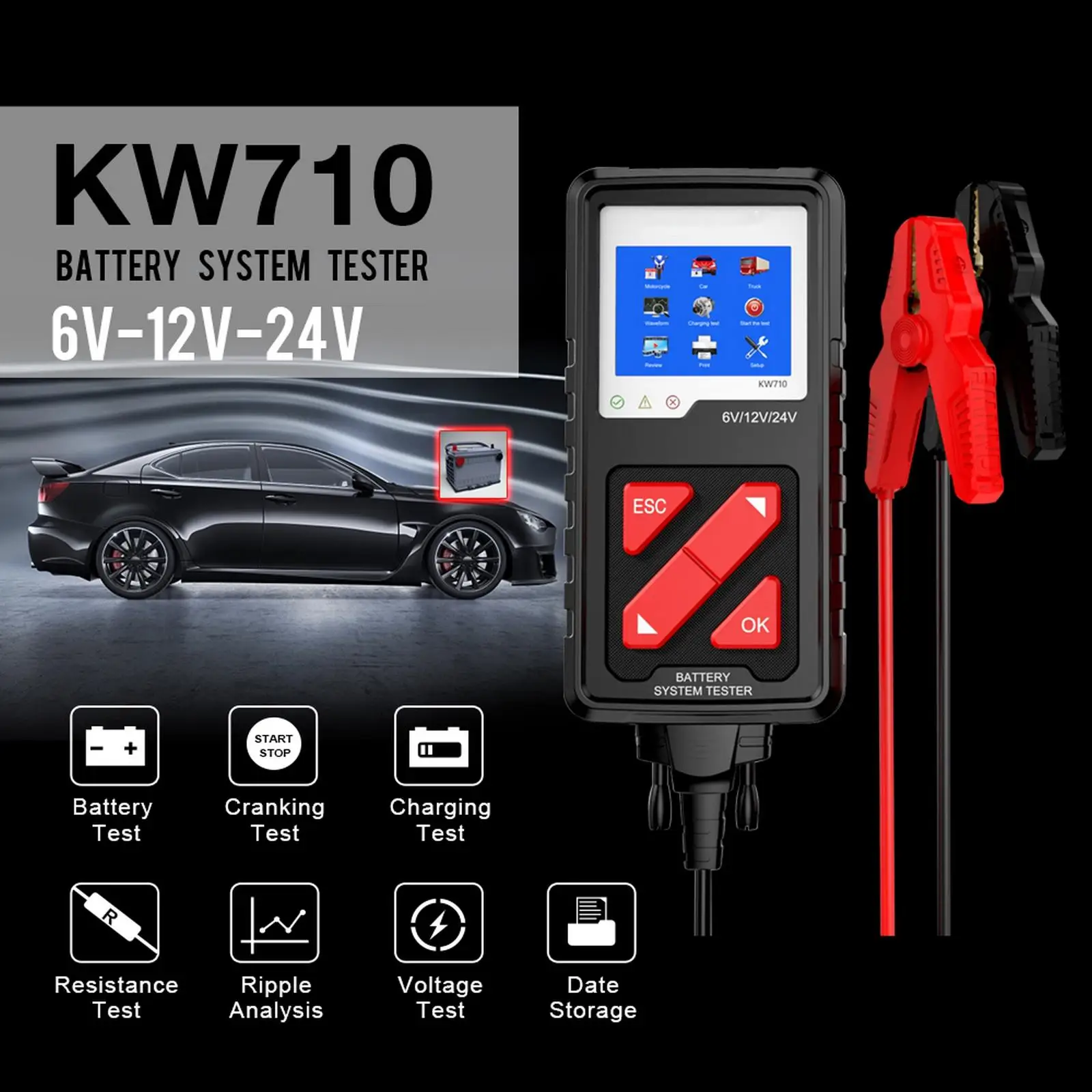 KW710 Motorcycle Car Truck Battery Tester 2000 CCA 6V 12V 24V Auto Battery Analyzer Charging Cranking Vehicle Test Tools 
KW710 Motorcycle Car Truck Battery Tester 2000 CCA 6V 12V 24V Auto Battery Analyzer Charging Cranking Vehicle Test Tools