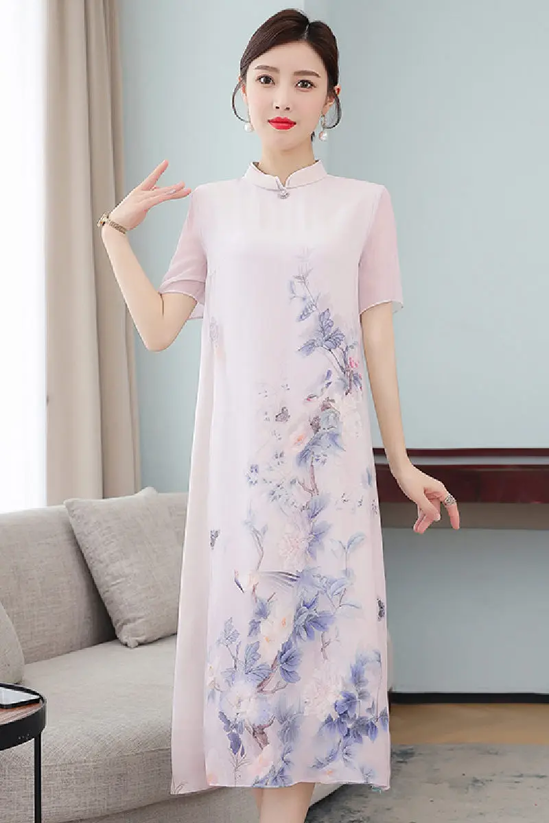 

2021 Summer Zen Clothing Short Sleeve Cheongsam Improved New High-End Mulberry Silk Chinese Dress Loose Size Retro Qipao zh1623