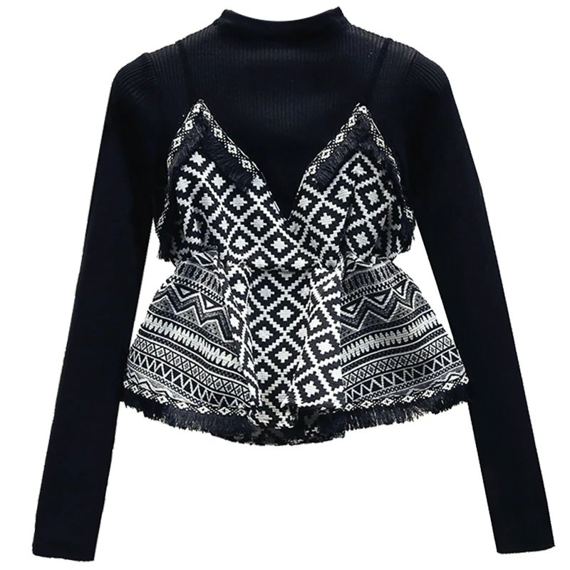 High-End Sweater Women 2021 Fashion Fall Winter Short Knitwear Geometric Sling Stitch Fake Two Piece Black Sweater Slim Jumper
High-End Sweater Women 2021 Fashion Fall Winter Short Knitwear Geometric Sling Stitch Fake Two Piece Black Sweater Slim Jumper