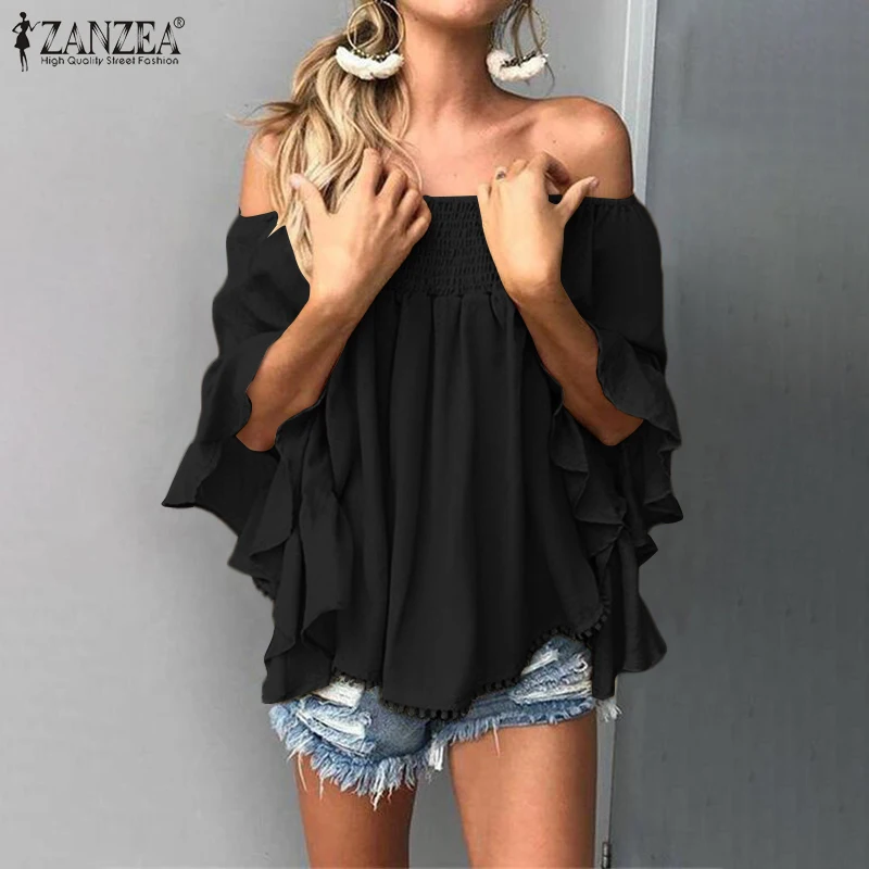 Женская богемная пляжная блузка с открытыми плечами ZANZEA, повседневная однотонная Асимметричная блузка с расклешенными рукавами и вырезом ... 
Женская богемная пляжная блузка с открытыми плечами ZANZEA, повседневная однотонная Асимметричная блузка с расклешенными рукавами и вырезом ...