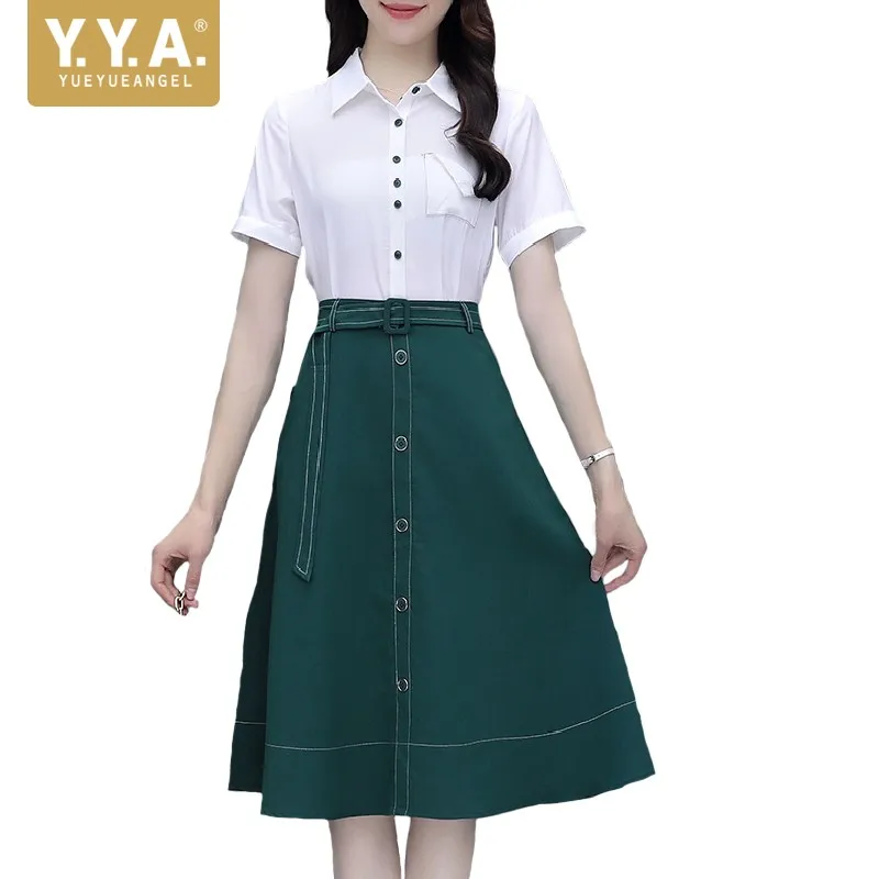 2022 Summer Sets Womens Turn-Down Collar Short Sleeve Casual Tops Office Lady Solid Fashion Skirt Two-Piece Suit Korean Style 
2022 Summer Sets Womens Turn-Down Collar Short Sleeve Casual Tops Office Lady Solid Fashion Skirt Two-Piece Suit Korean Style