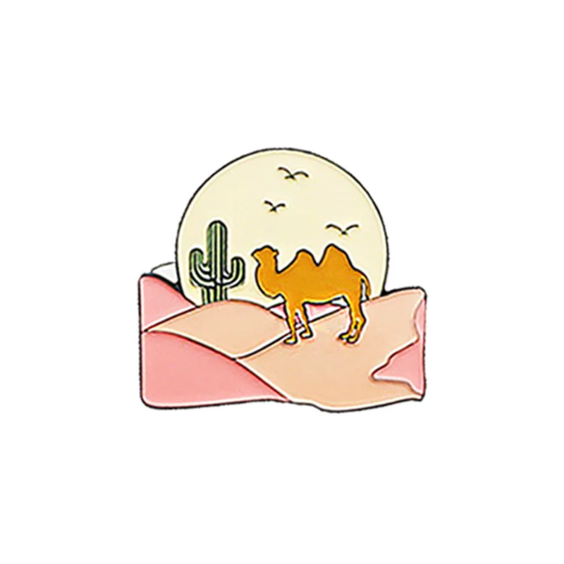 

Sunset Covered With Pink Desert Camel Walking Alone In The Desert Creative Animal Enamel Pins Landscape Fashion Brooch Badge
