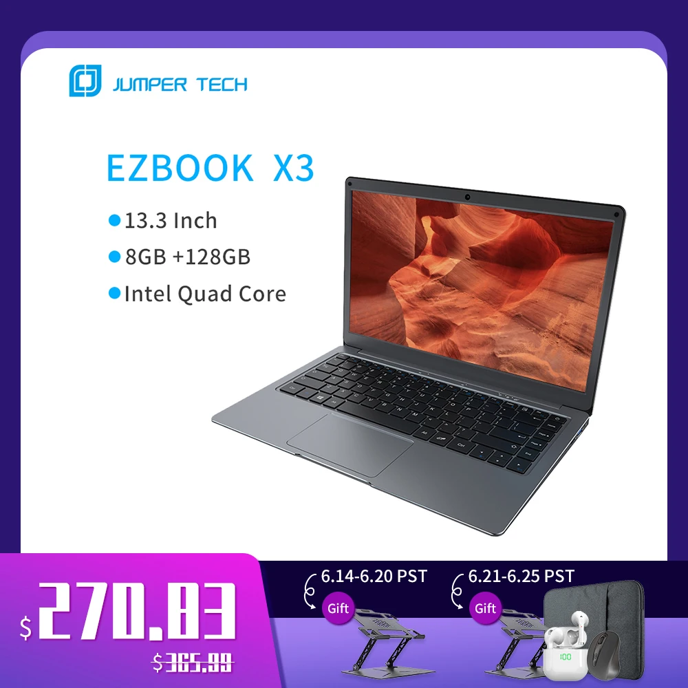 

Jumper EZbook X3 Intel Celeron Quad Core 8GB 128GB Notebook Win 10 Laptop 13.3 Inch 1920*1080 IPS Screen 2.4G/5G WiFi Computer