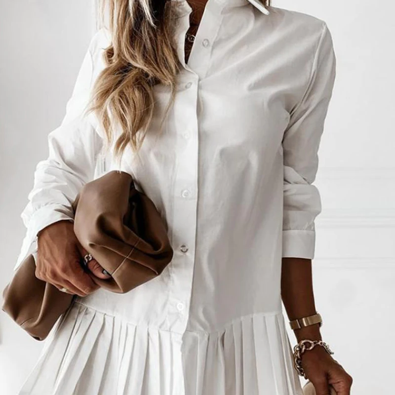 

Khaki White Color Shirt Dress Women New Pleated Mini Shirtdresses Long Sleeve Turn Down Collar Button Up Fashion Dress For Femme