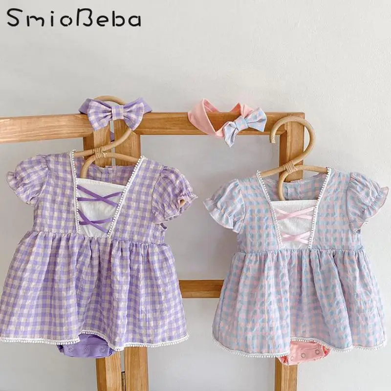 Baby Girls 100 Day Banquet Rompers With Headband Dress Princess Plaid One Piece Bodysuit Newborn 1-3 Years Korean Purple Outfits 
Baby Girls 100 Day Banquet Rompers With Headband Dress Princess Plaid One Piece Bodysuit Newborn 1-3 Years Korean Purple Outfits