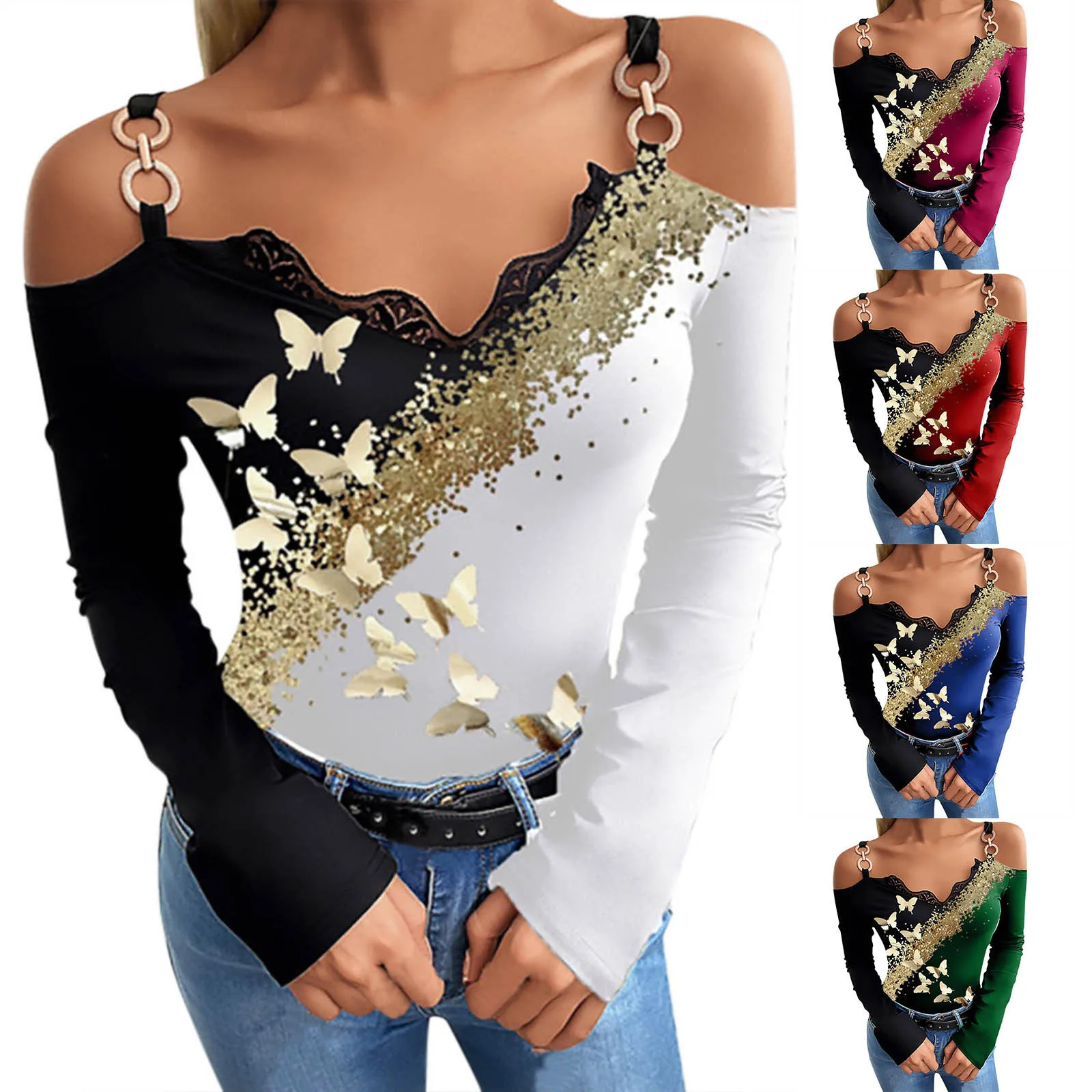 Sexy Slim Tshirt Women V-neck Bronzing Butterfly Printed Tshirts Strapless Hollow Out Long Sleeve Blouse Ladies Sexy Tops Blusas
Sexy Slim Tshirt Women V-neck Bronzing Butterfly Printed Tshirts Strapless Hollow Out Long Sleeve Blouse Ladies Sexy Tops Blusas