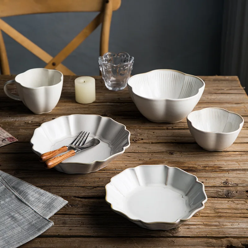 

Рельефная керамическая посуда в скандинавском стиле, в стиле ретро, в форме цветка, салата, кофе, чашка для чая, супа, риса, чаша для рамен
