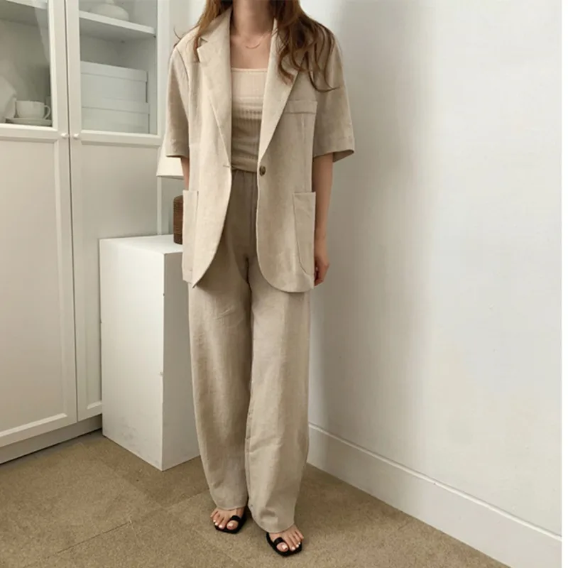 2 Piece Sets Summer One Button Loose Short Sleeve Cotton Linen Blazer Coat High Waist Wide Leg Casual Pants Women Work Outfits
2 Piece Sets Summer One Button Loose Short Sleeve Cotton Linen Blazer Coat High Waist Wide Leg Casual Pants Women Work Outfits