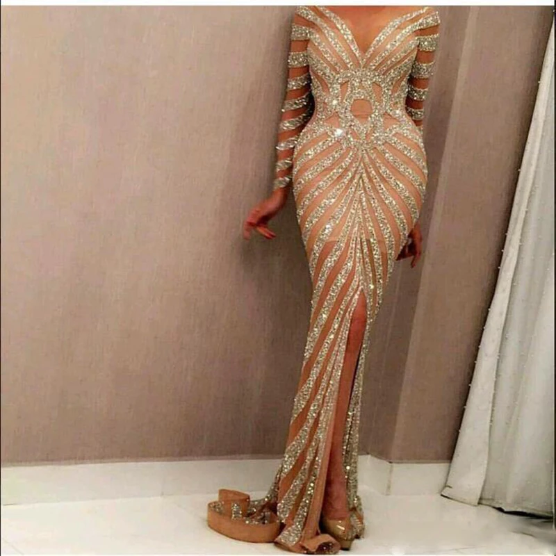 

Yousef Aljasmi 2020 Luxury Long Sleeve Champagne Sequined Mermaid Evening Dresses Sexy Sheer Jewel Neck Front Split Prom Gowns C