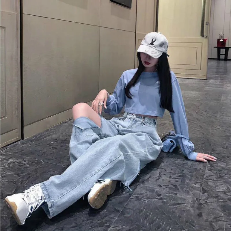 Jeans Womens Vintage Hole Wide Leg Trousers Streetwear High Waist Leisure Denim New Korean Baggy Straight Pants 
Jeans Womens Vintage Hole Wide Leg Trousers Streetwear High Waist Leisure Denim New Korean Baggy Straight Pants