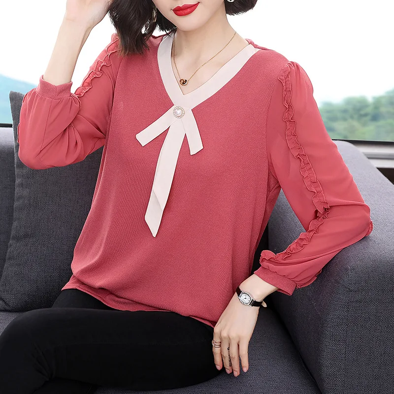 Taiwan Style 2021 Autumn Fashion Loose Large Slim Looking Top V-neck With A Bow Long Sleeve T-shirt Bottom Shirt
Taiwan Style 2021 Autumn Fashion Loose Large Slim Looking Top V-neck With A Bow Long Sleeve T-shirt Bottom Shirt