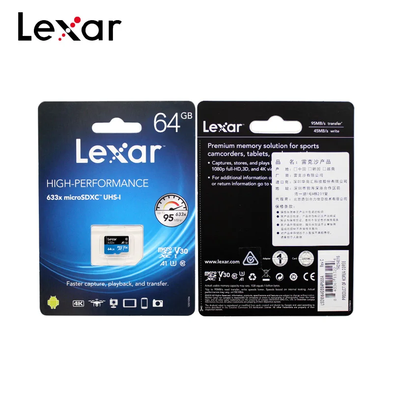 

Original Lexar TF Memory Card 633x 32GB 64GB 128GB 256GB SDHC A1 V10 High Speed Micro SD Card SDXC V30 U3 Flash Storage Card