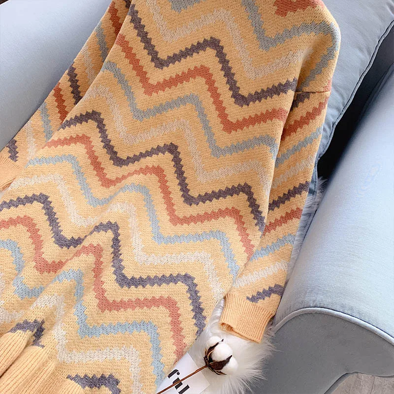 Autumn 2019 Rainbow Striped Sweater Women Long Sleeve O-neck Knitted Dress Casual Korean New Loose Female Sweater Dress Vestidos
Autumn 2019 Rainbow Striped Sweater Women Long Sleeve O-neck Knitted Dress Casual Korean New Loose Female Sweater Dress Vestidos