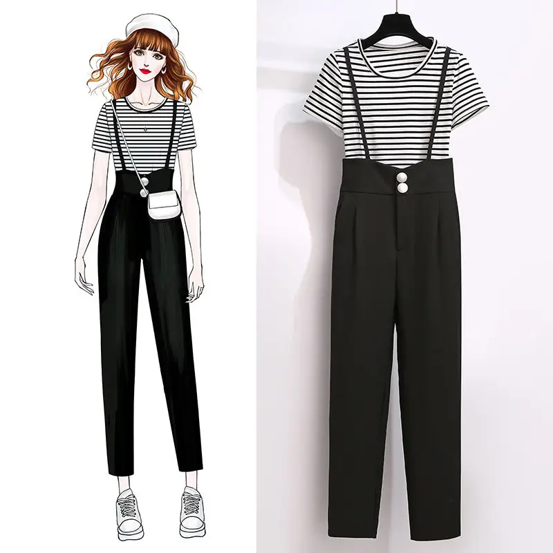Women 2021 Summer Fashiion Casual Overall Set Female Two Piece Sets Fashion Short Sleeve Striped Blouse + Pant Ladies Suit T31
Women 2021 Summer Fashiion Casual Overall Set Female Two Piece Sets Fashion Short Sleeve Striped Blouse + Pant Ladies Suit T31