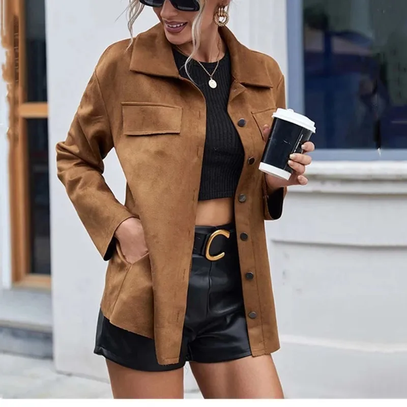 2021 Autumn Suede PU Leather Jacket Women Overshirt Winter Coat Women Casual Shirt Jacket Ladies Button Pocket 
2021 Autumn Suede PU Leather Jacket Women Overshirt Winter Coat Women Casual Shirt Jacket Ladies Button Pocket