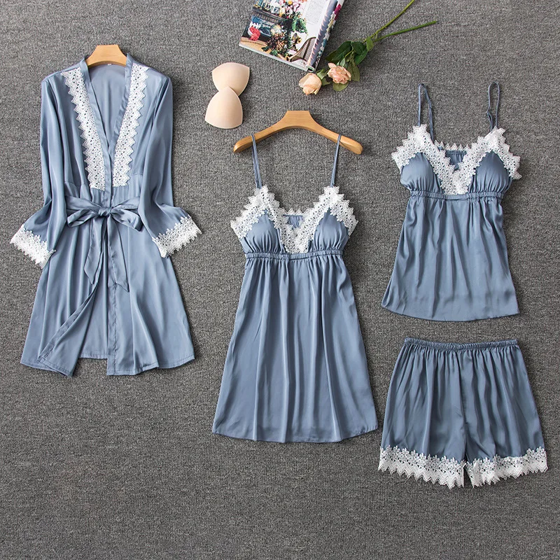 Female Lace Trim 4PCS Robe Suit Satin Sleepwear Kimono Bathrobe Gown Sexy Sleep Set Nightgown Loose Home Clothes Nightdress
Female Lace Trim 4PCS Robe Suit Satin Sleepwear Kimono Bathrobe Gown Sexy Sleep Set Nightgown Loose Home Clothes Nightdress