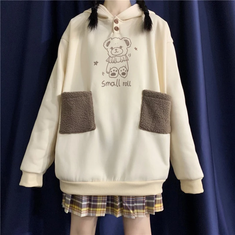 Harajuku зимние толстовки для женщин с принтом медведя из мультфильма свободный