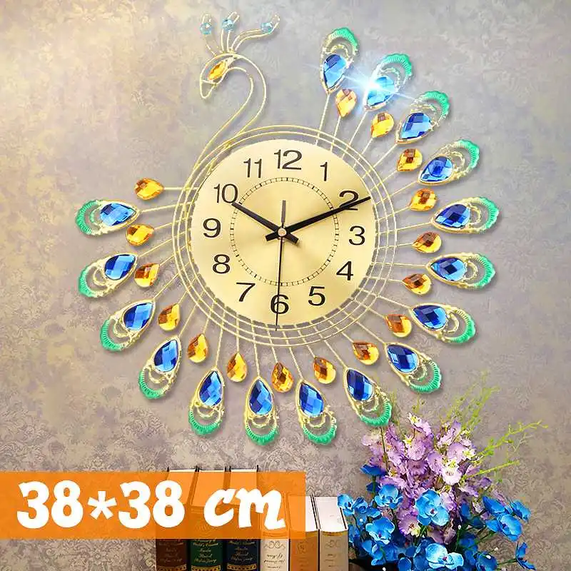 

3D Роскошный Алмаз Павлин формы настенные часы наручные часы из металла для дома, комнаты, офиса Декор DIY ремесла подарок 38X38cm